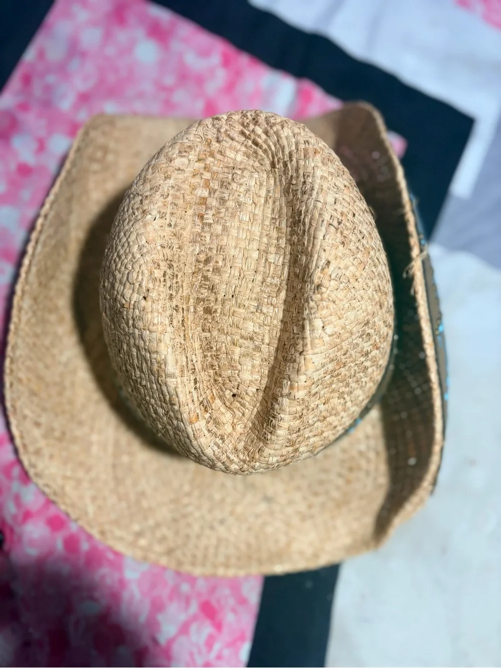 NWOT Vintage Straw Western Cowboy Hat, Turquoise Embroidered, bull longhorn